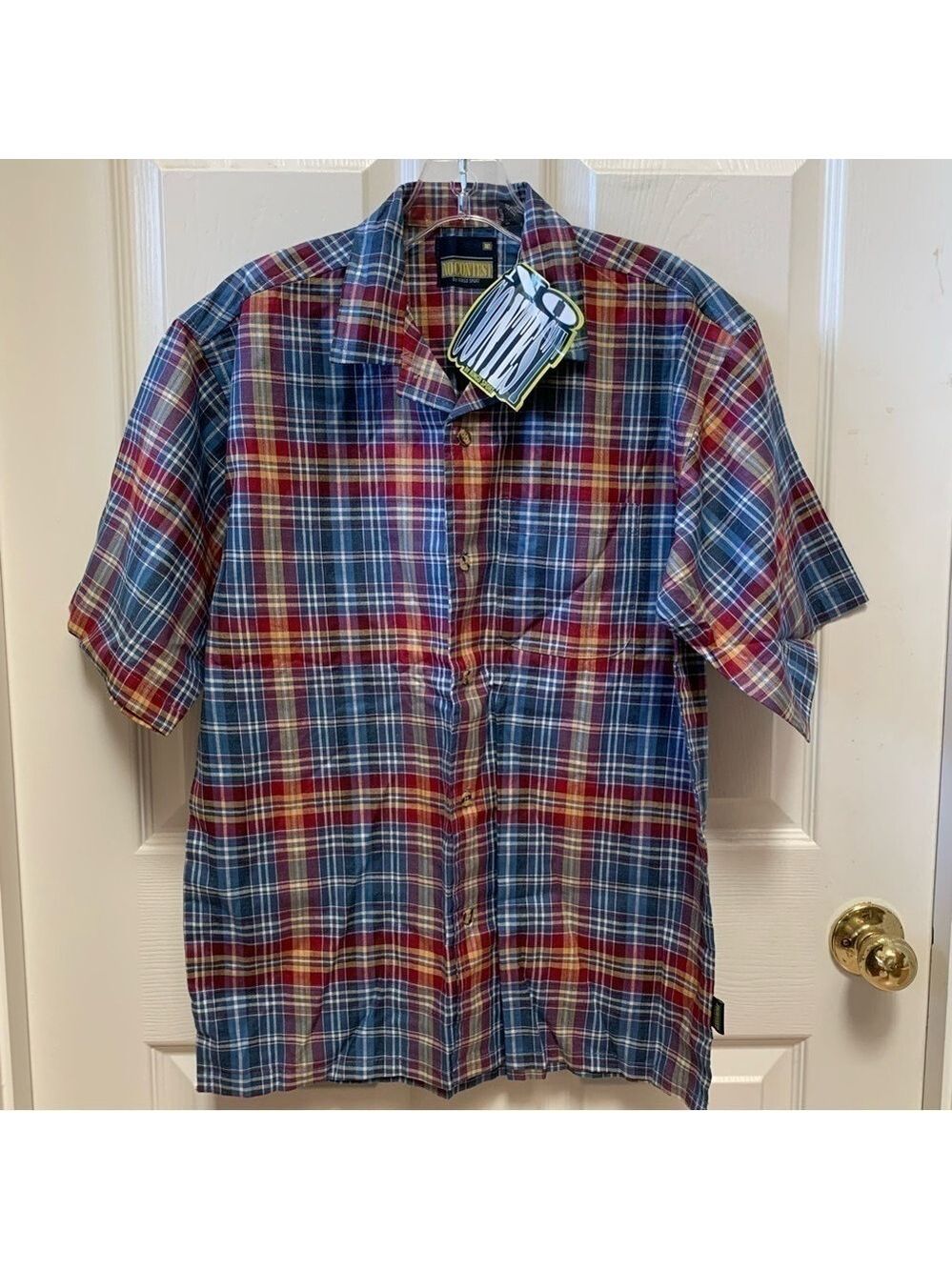 NO CONTEST Plaid Cotton Button Up Short Sleeve Camp Shirt Large